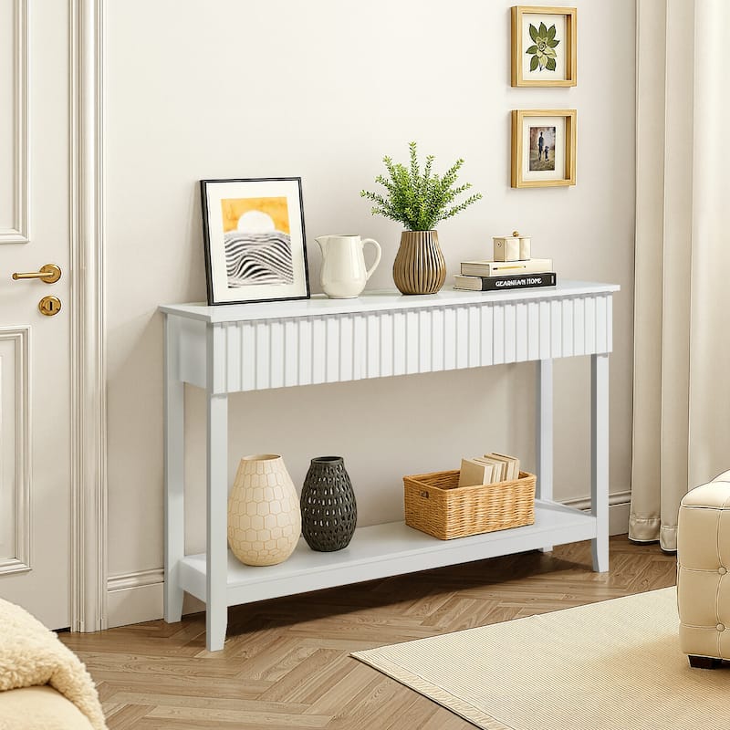 White MDF Console Table with 3 Drawers and Lower Open Storage Shelf - 51.2 x 11.8 x 32 in