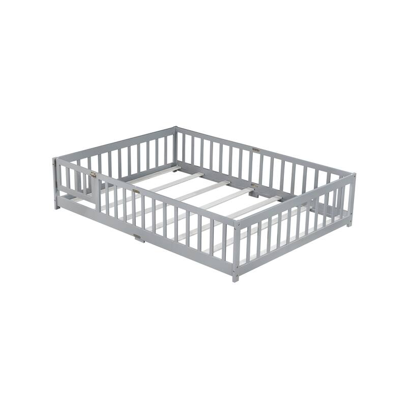 Full Size Grey Rubber Wood Floor Bed with Safety Guardrails and Door