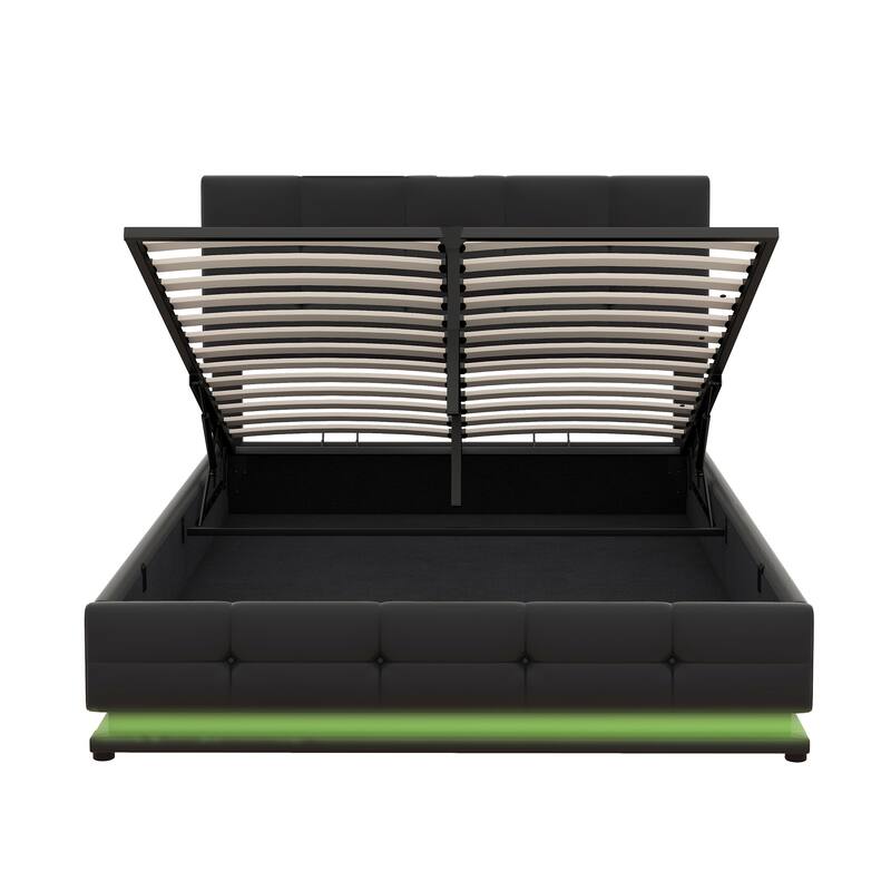 Tufted Platform Bed with Hydraulic Storage System, LED Lights and USB Charger