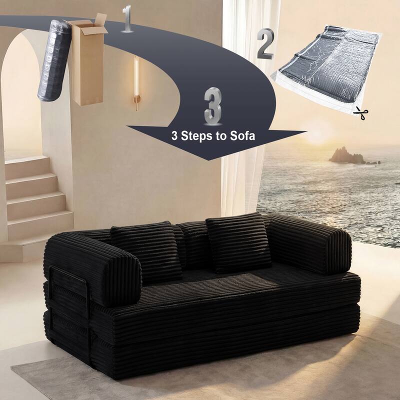 Convertible Sofa Bed, 3 in 1 Folding Loveseat Couch Bed Foldable Boneless Couch Floor Sleeper, Corduroy Pull Out Sofa Bed
