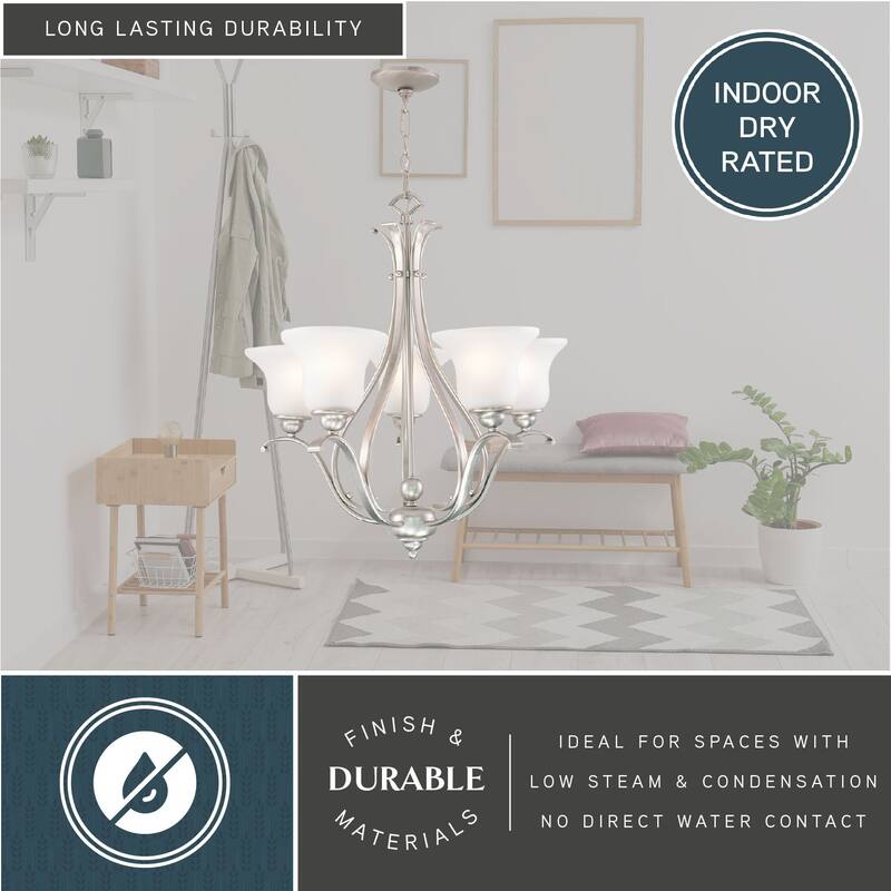 Monrovia 5 Light Brushed Nickel Chandelier White Glass - 26-in W x 25.5-in H x 26-in D