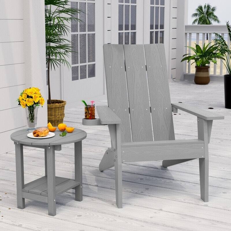 WINSOON 2-Piece All Weather HIPS Outdoor Adirondack Cup Holder Chair and Table set - Grey