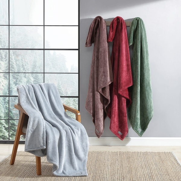 Eddie Bauer Plush Solid Logo Patch Soft Cozy Throw Blankets