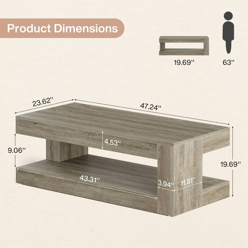 47-Inch Rectangular Coffee Table with Storage for Living Room, Grey - 23.62" D x 47.24" W x 19.69" H