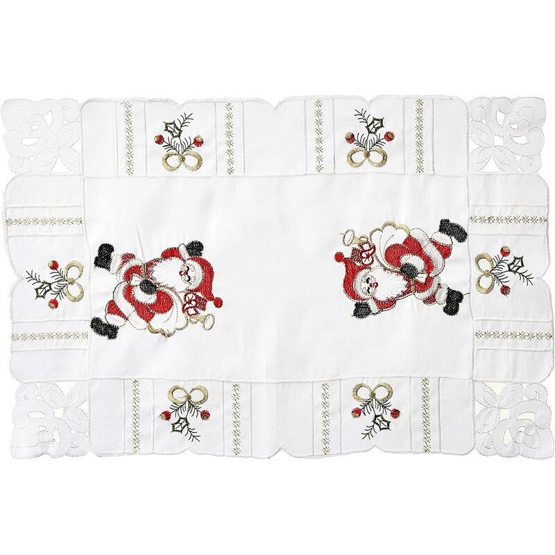Violet Linen Santa Claus Holly Bows Embroidery Pattern, Polyester Cutwork, Set of 4, Decorative Place Mats