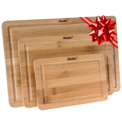 BlauKe® Wooden Cutting Boards for Kitchen with Juice Groove and Handles - Bamboo Chopping Boards Set of 3 - Wood Serving Trays