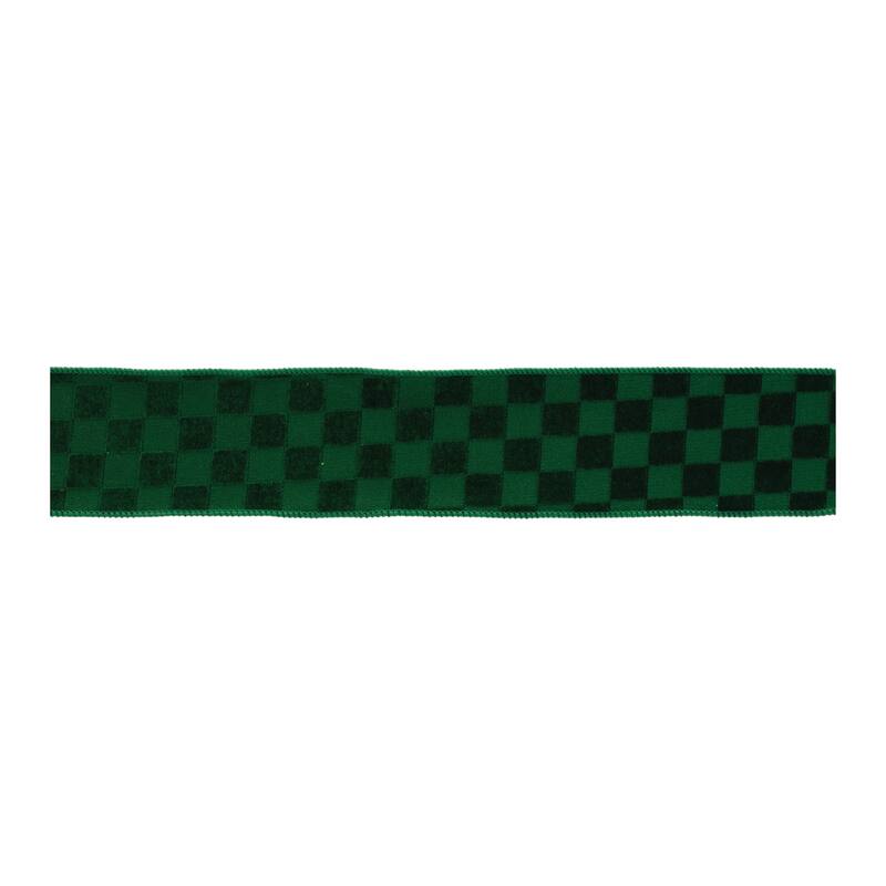 Green Polyester Nylon Wired Checkered Ribbon Set of 2 for Holiday Crafts - 2.5” W x 180” Long - Green