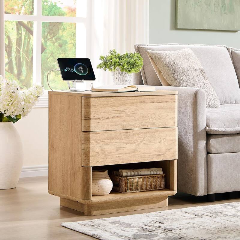 Modern Nightstand With Charging Station, Wooden Side Table, End Table