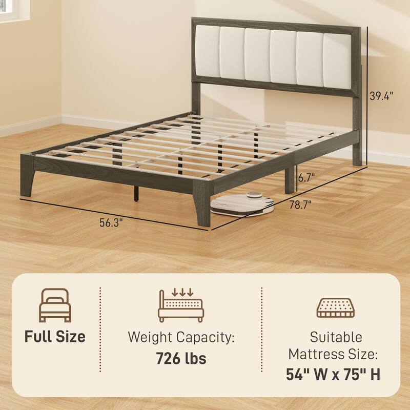 HOMCOM Full Size Bed Frame with Upholstered Headboard, Platform Bed Frame with Wooden Slats