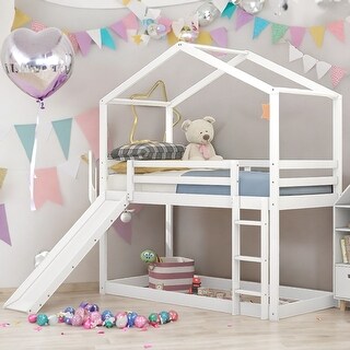 Friendly Playhouse-inspired Style Twin Over Twin Bunk Bed with Roof, Slide and Ladde