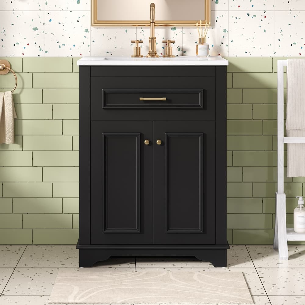 24" Bathroom Vanity with Integrated Ceramic Sink, Bathroom Cabinet with 2 Doors, 1 Tip-Out Drawer