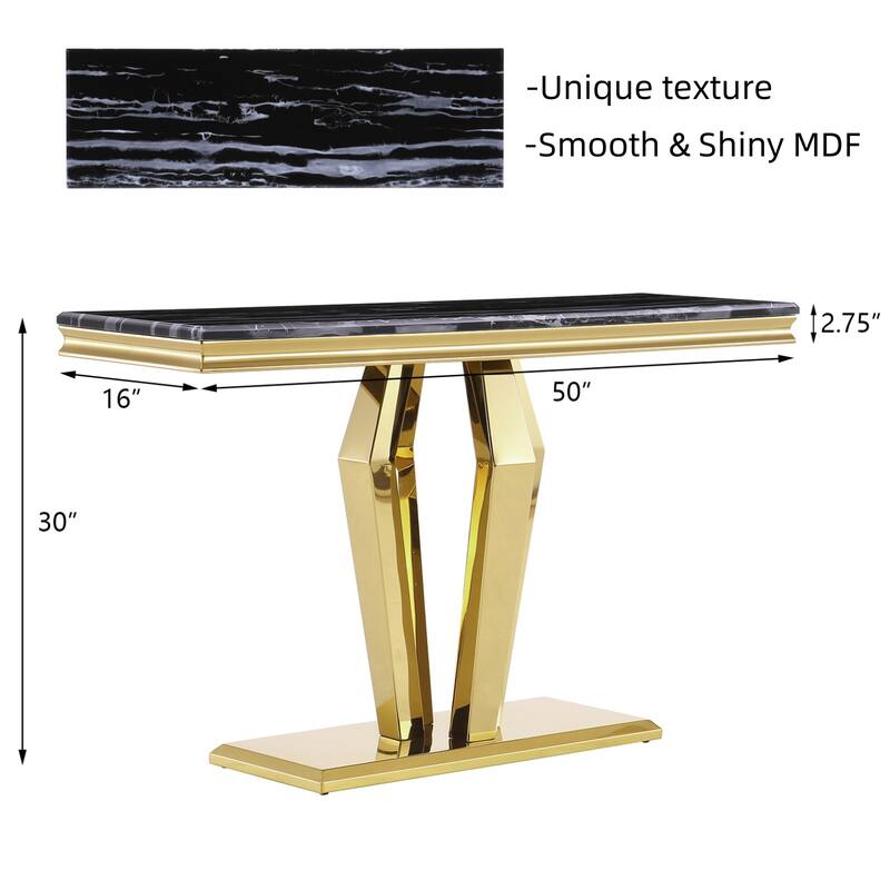 Luxury Rectangular Sofa Console Table Modern Living Room Entryway Table with Mirrored Gold Geometric Base