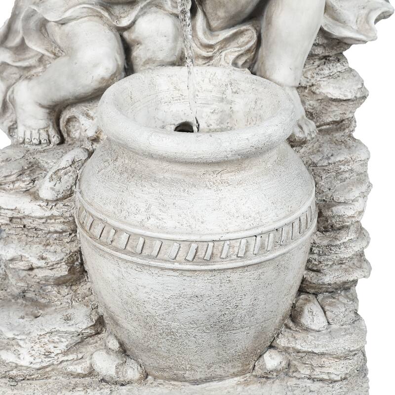 Grey Resin Cherub Angel Outdoor Fountain with LED Light