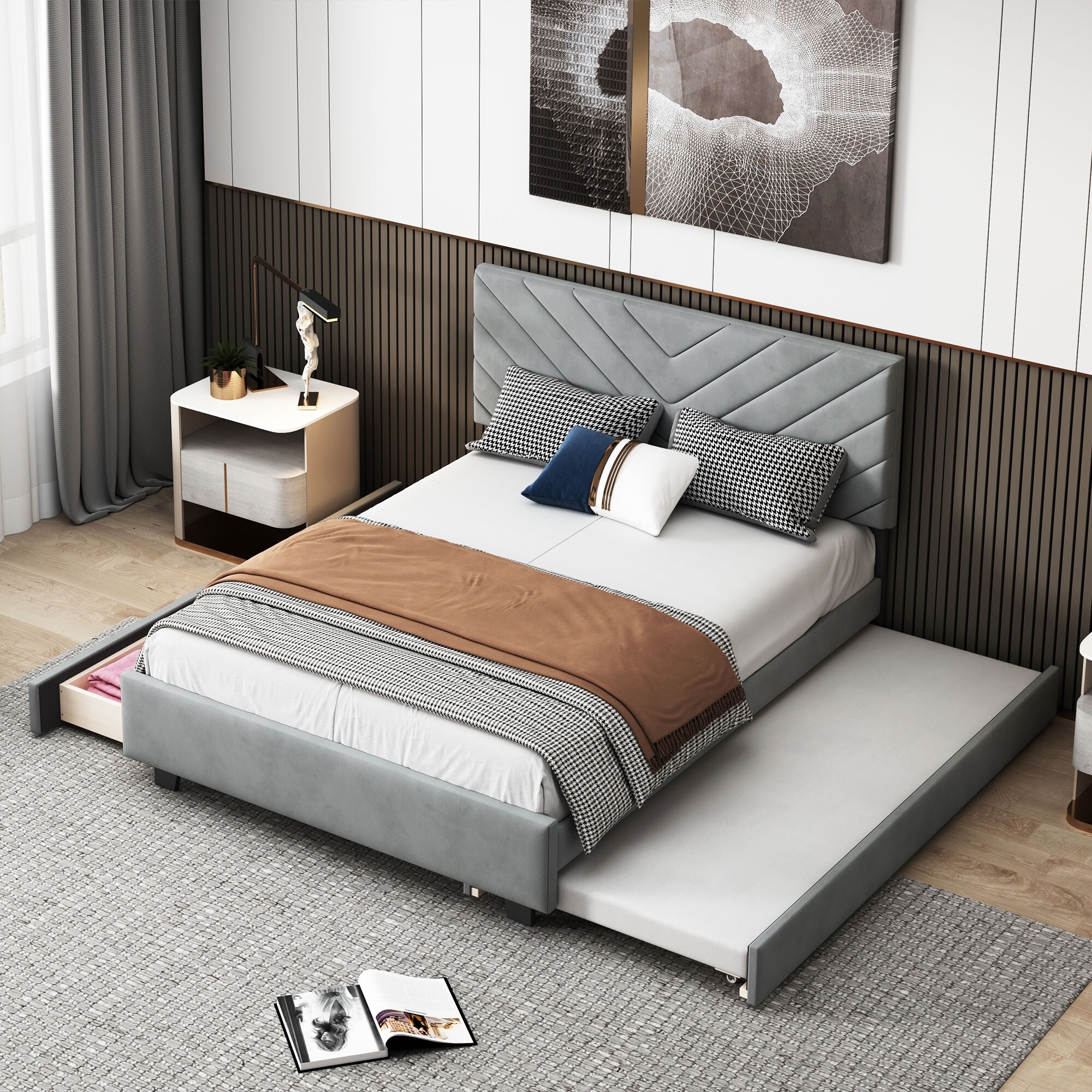 Queen Size Upholstered Platform Bed with Twill Headboard Pullout Bed and Two Drawers Flannel Bed Bath Beyond 40877869
