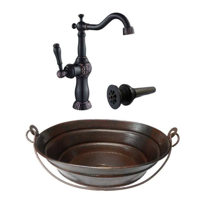 16" Oval Copper Vessel Bucket Bathroom Sink 13" Faucet & Daisy Drain Included - 16" x 12" x 6"