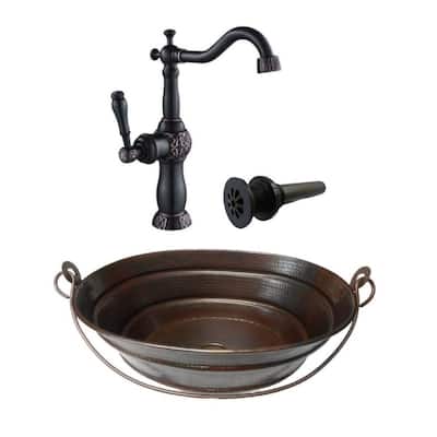 16" Oval Copper Vessel Bucket Bathroom Sink 13" Faucet & Daisy Drain Included - 16" x 12" x 6"