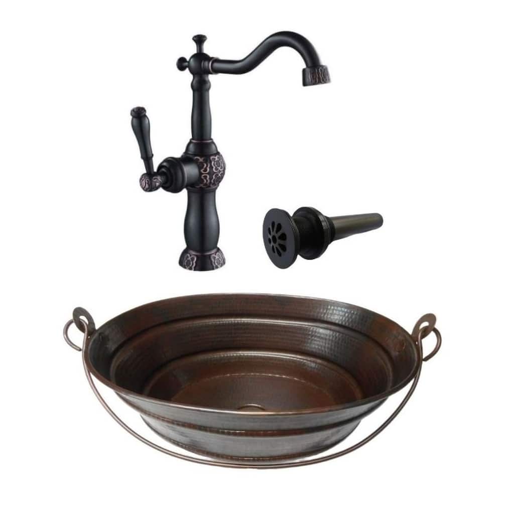 16" Oval Copper Vessel Bucket Bathroom Sink 13" Faucet & Daisy Drain Included - 16" x 12" x 6"