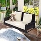preview thumbnail 5 of 46, 2-Person Wicker Hanging Porch Swing with Chains,Cushion,Pillow, Rattan Swing Bench