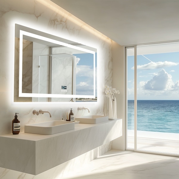 Led bathroom mirror with demister and bluetooth top