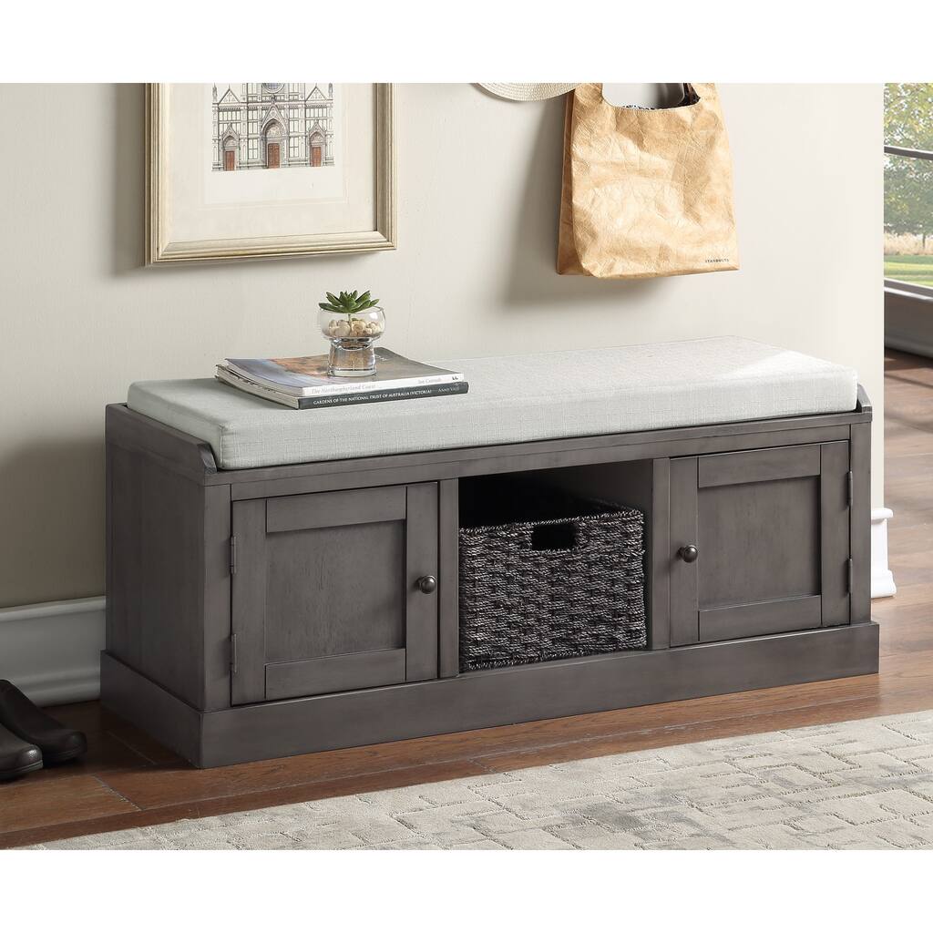 Wood Storage Bench with 2 Cabinets and 1 Basket Shoe Bench with Removable Cushion & Pine Wood Frame