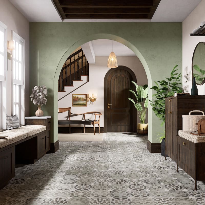 Merola Tile Laverton Octagon Deco Sombra with Taco Gris 7-7/8" x 7-7/8" Porcelain Floor and Wall Tile - Case (50 Tiles)