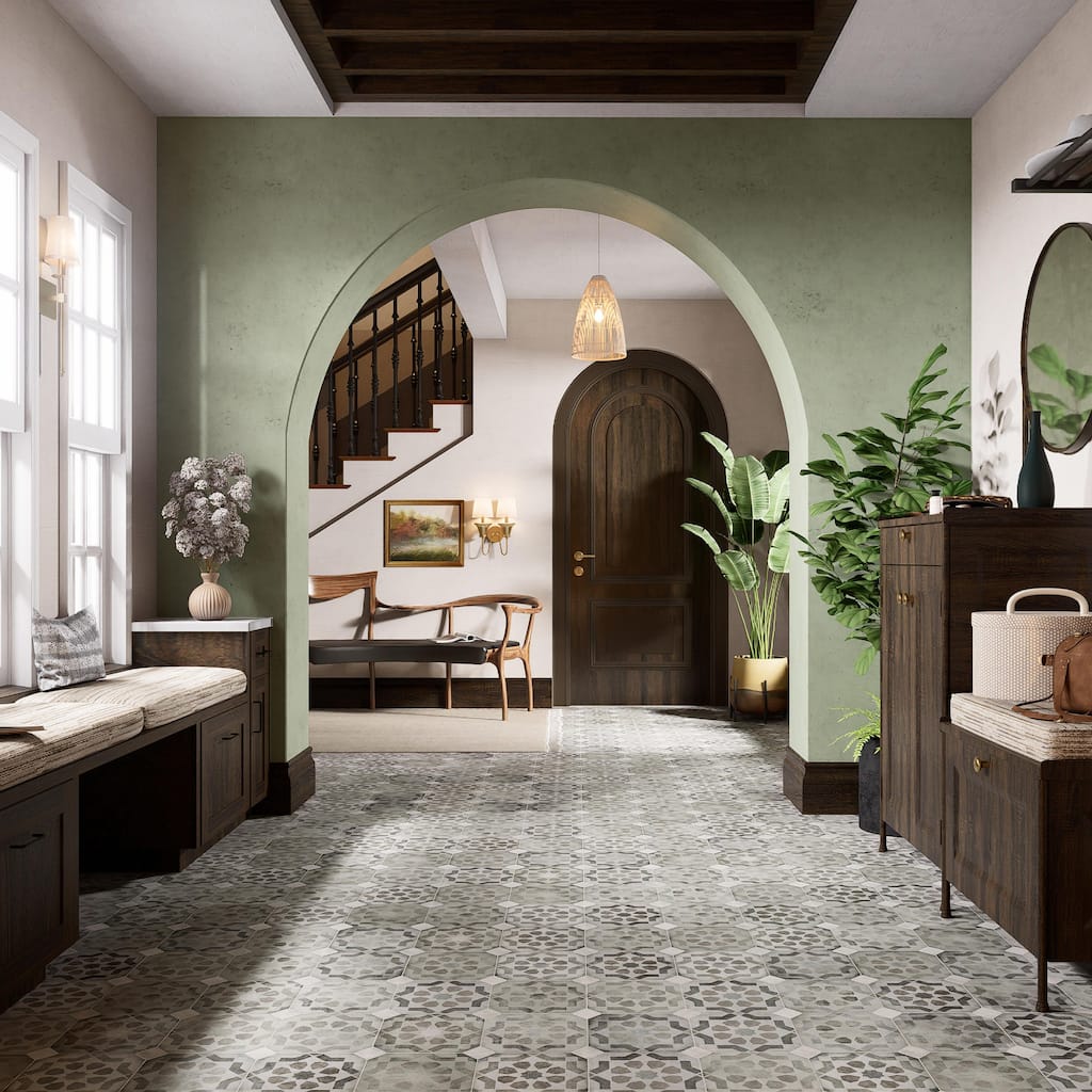 Merola Tile Laverton Octagon Deco Sombra with Taco Gris 7-7/8" x 7-7/8" Porcelain Floor and Wall Tile