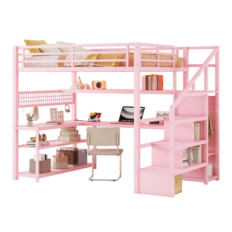 Full Size Metal Loft Bed with Staircase, Wardrobe, Desk, Storage Shelves, LED Lights, and Charge Station, Pink