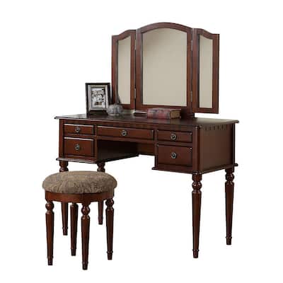 Commodious Vanity Set Featuring Stool And Mirror Cherry Brown