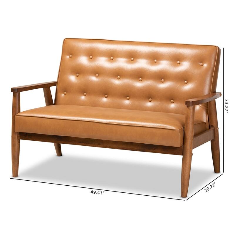 Sorrento Mid-Century Modern Tan Faux Leather Upholstered and Walnut Brown Finished Wood Loveseat