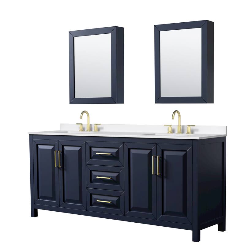 Daria 80-inch Double Vanity, 3 Hole Quartz Top, Med Cabinets - Dark Blue, Gold Trim, White Quartz Top