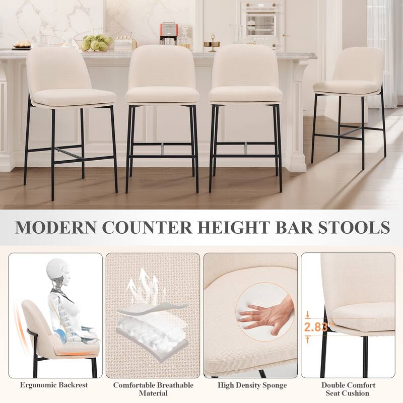 25" Counter Stools Set of 2 - Fabric Upholstered w/Metal Legs - Back Support For Kitchen & Bar