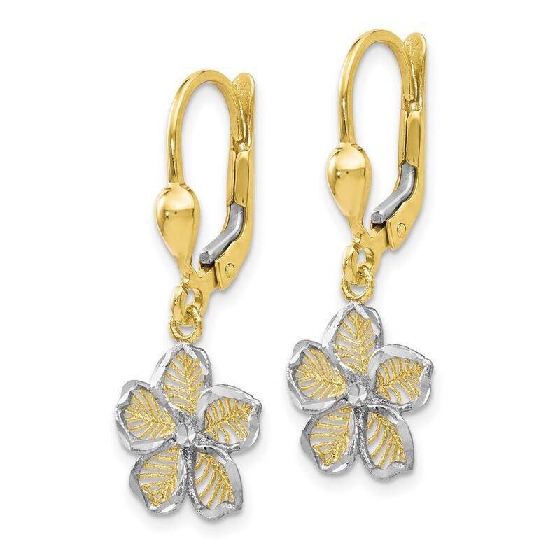 Curata 10k Yellow Gold with Rhodium 20.75x6.25mm Filigree Flower Leverback Earrings