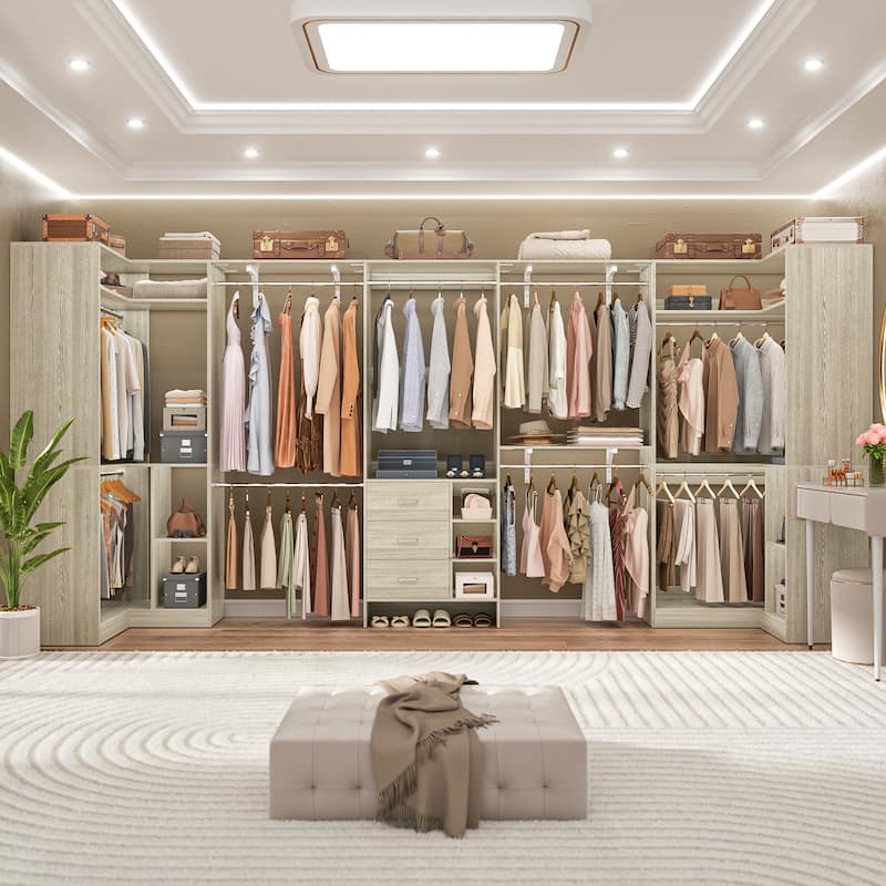 Rackcog 96'' W Closet Organizer with Drawers and Hanging Rods, Wardrobe Closet System (can be cut to fit)