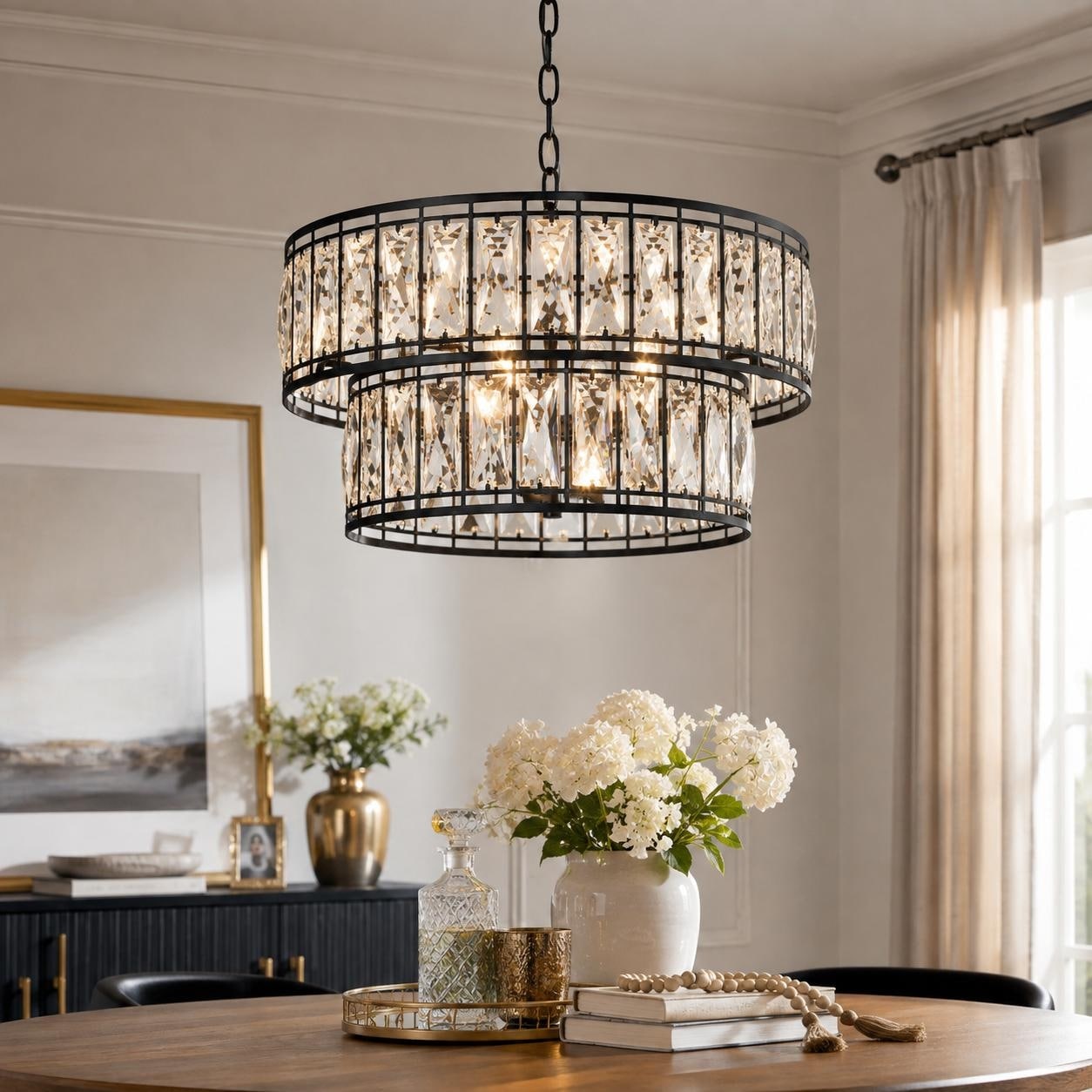 Aulia Modern Black Crystal 4-Light 2-Tier Drum Chandelier for Dining Room - Dia.15.5" x H10"