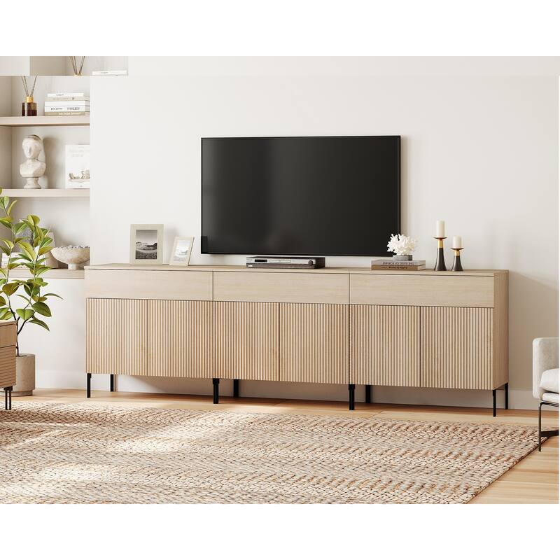 31.5" Modern Reeded TV Stand With Doors, Entertainment Center With Shelf, Wooden TV Console