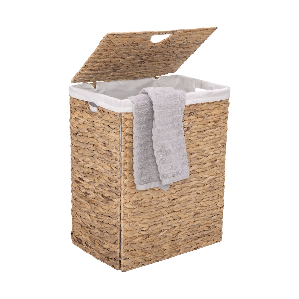 Seville Classics Lidded Foldable Water Hyacinth Portable Rectangular Laundry Hamper Basket with Washable Liner