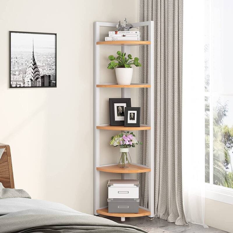 5 Tier Corner Shelves, Rustic Industrial Corner Bookshelf Bookcase