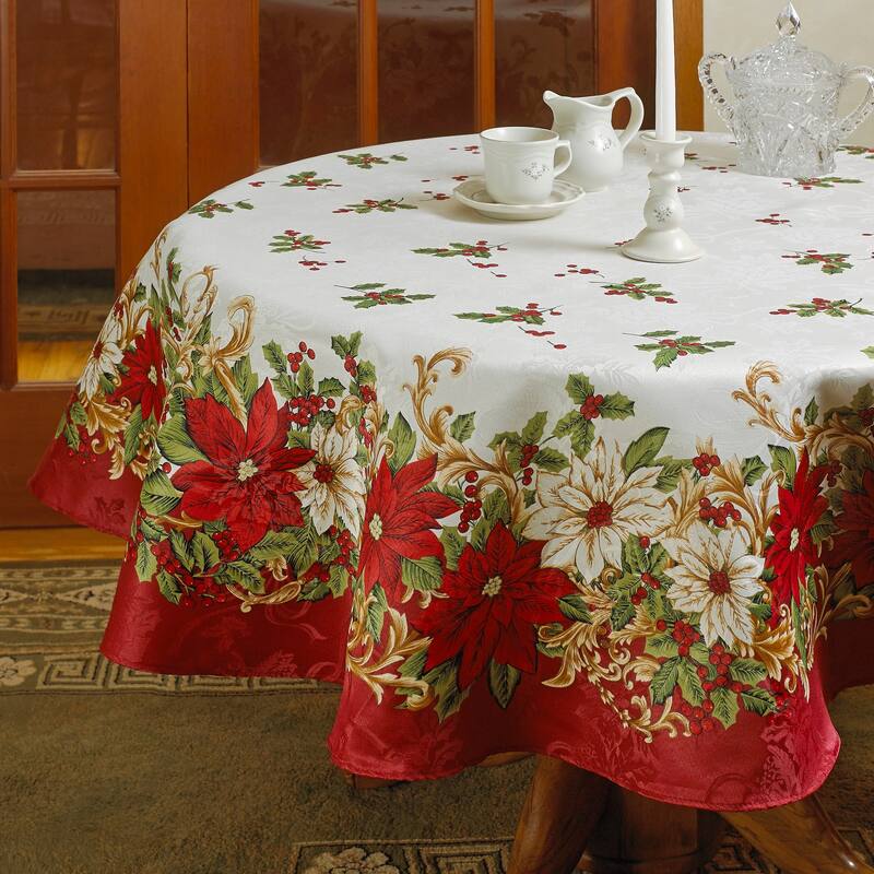 Violet Linen Blossom Christmas Poinsettia & Holly Berry Tablecloth