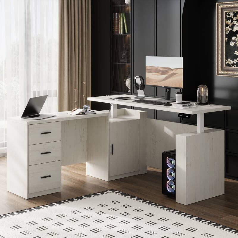 63" L Shaped Electric Standing Desk with Storage Drawers – Height Adjustable Executive Desk, Dark Brown Wood