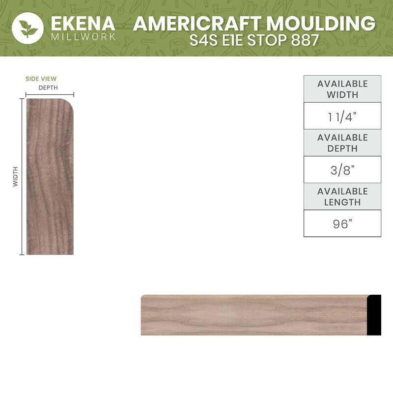 WM887: 3/8-in D x 1-1/4-in W x 96-in L Americraft Solid Hardwood Stain Grade S4S E1E Stop 887 Moulding