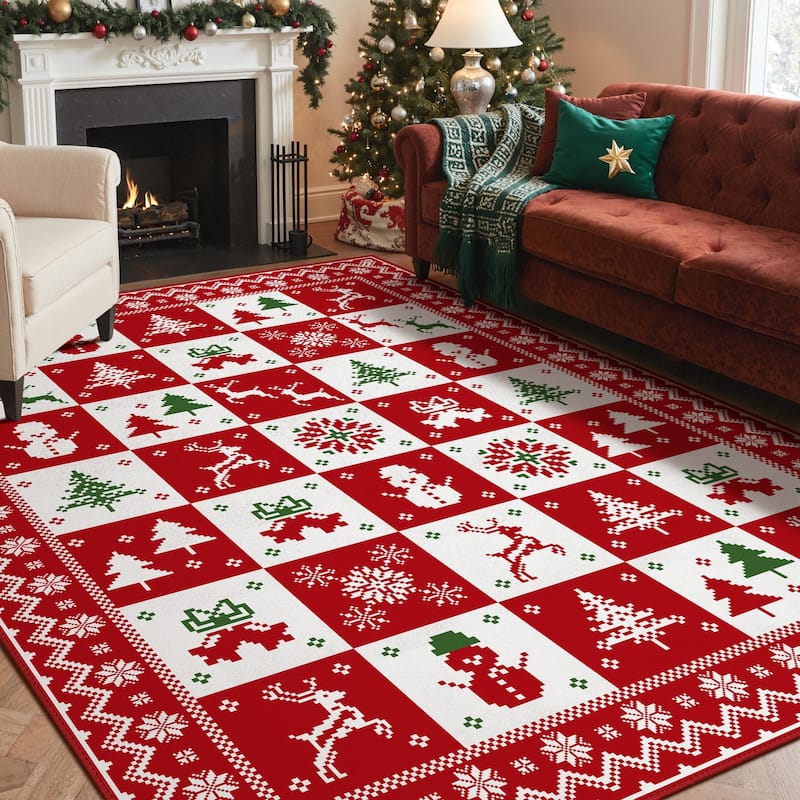 Mcow Christmas Motif Low-Pile Non-Slip Machine-Washable Area Rug