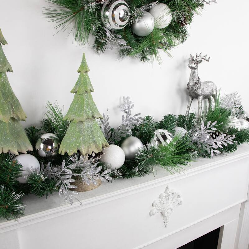 6' Green Pine Needle Garland with Pinecones and Striped Christmas Ornaments Unlit