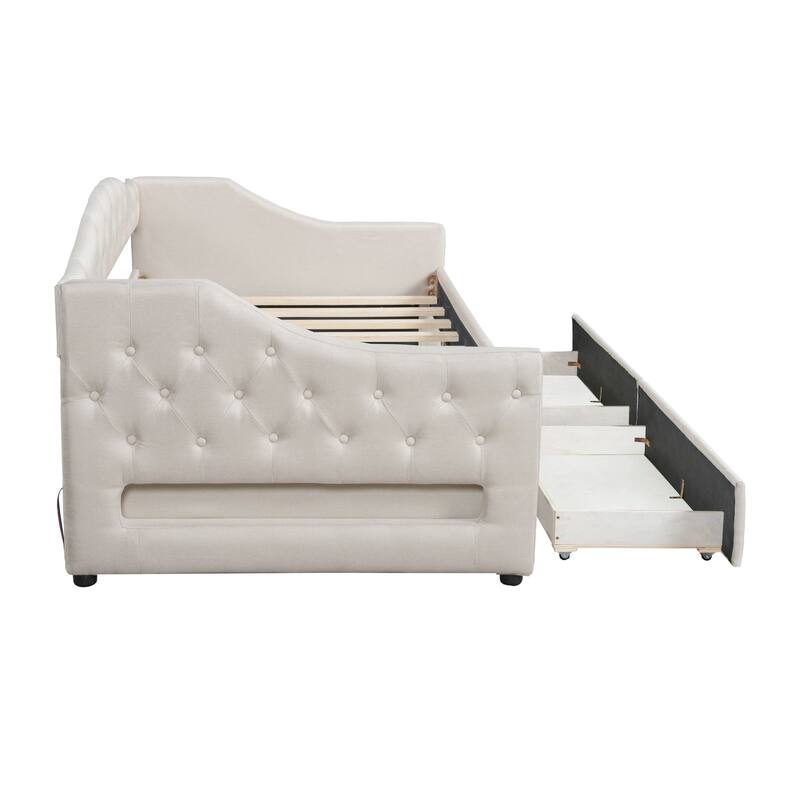 Modern Linen Upholstered Daybed with LED Light Strip, Button-Tufted Backrest Sofa Bed Optional Trundle Bed or Storage Drawers