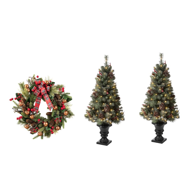Glitzhome 4/5ft Pre-Lit Snow Flocked Christmas Tree in Pot, Berry Bow Wreath and Garland Set Xmas Decor - 3PK-4ftTrees&Wreath