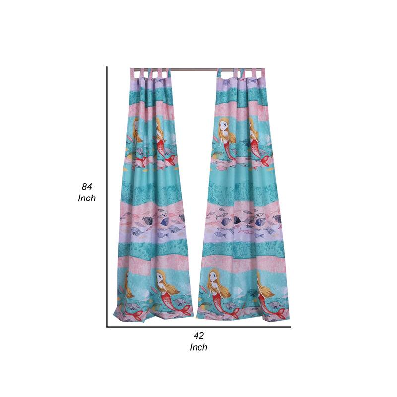 Wini 4 Piece Window Curtain Panel Set, Mermaid Design, Pink, Blue Polyester