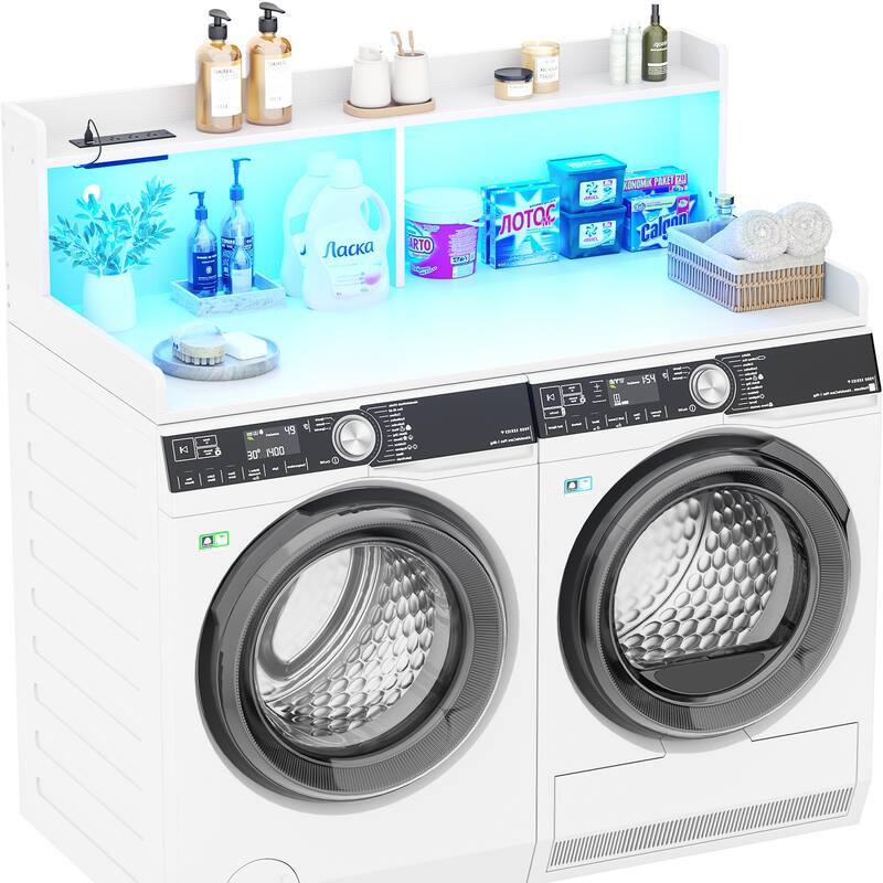 54" x 27.4" Laundry Countertop for Washer and Dryer with Non-Slip Pads，LED Lights，Power Outlets