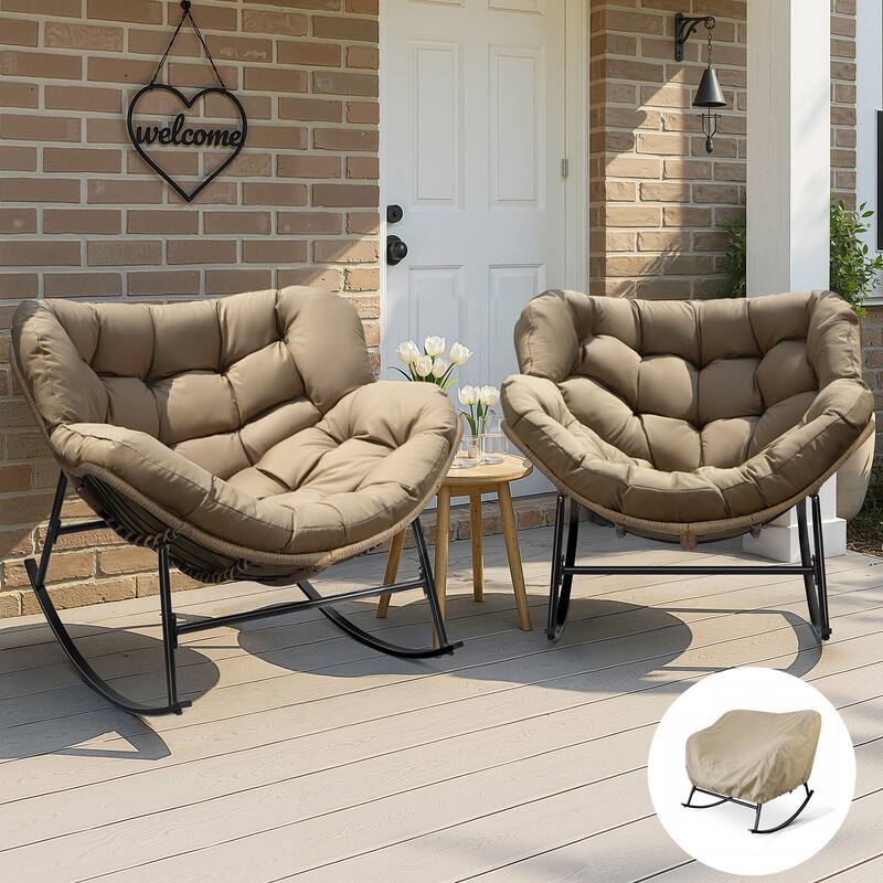 Outdoor Rocking Papasan Chair, Wide Egg Rocking Chair with Thick Padded Cushion, 450 lb Capacity Patio Relaxing Rocker - 2PCS-Brown w/2covers