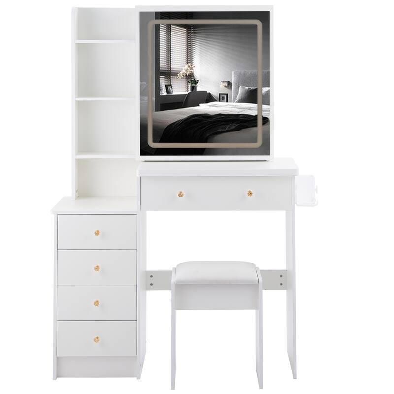 37" Middle Size Left Bedside Cabinet Vanity Table + Cushioned Stool Dresser Set, Large Touch Control LED Sliding Mirror