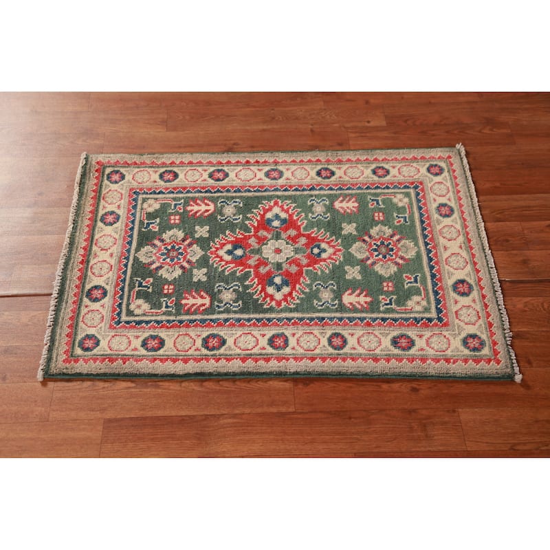 Green Geometric Kazak Oriental Accent Foyer Rug Handmade Wool Carpet - 2'0"x 3'0"