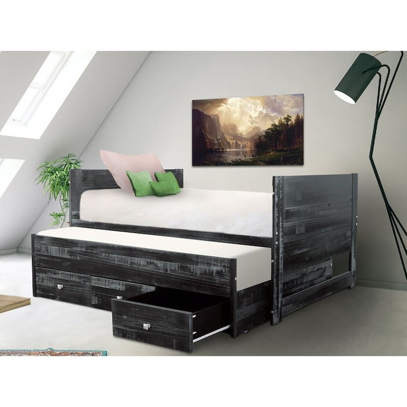 Taylor & Olive Begonia Twin Bed with Twin Trundle & 3 Built in Drawers - Weathered Black